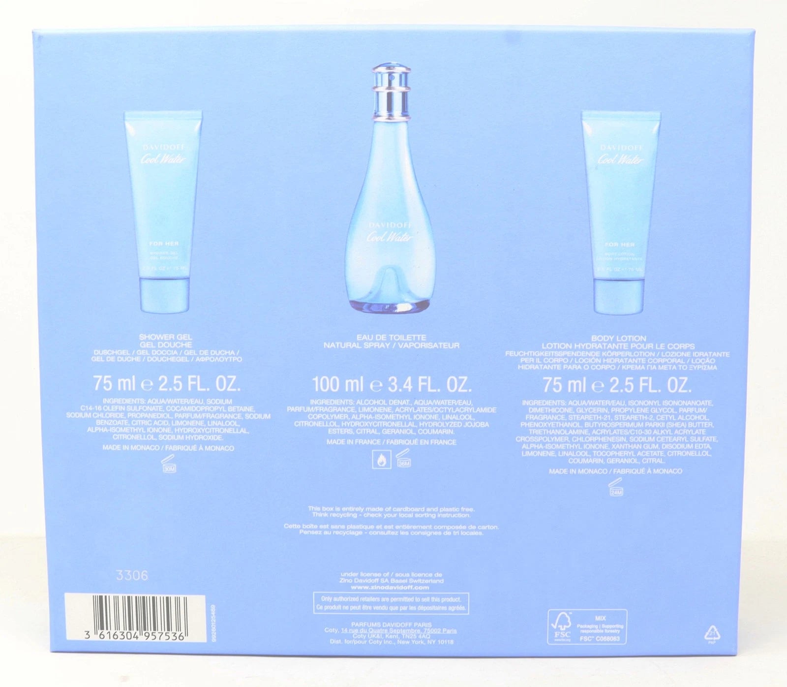 Davidoff Cool Water 3pc Gift Set For Women100ml EDT + 75ml Lotion + 75ml Gel